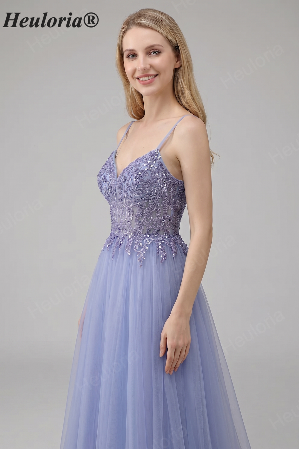 Heuloria Ethereal Beaded Lace Tulle A-Line Prom Dress with Spaghetti Straps and Illusion Bodice ED-503