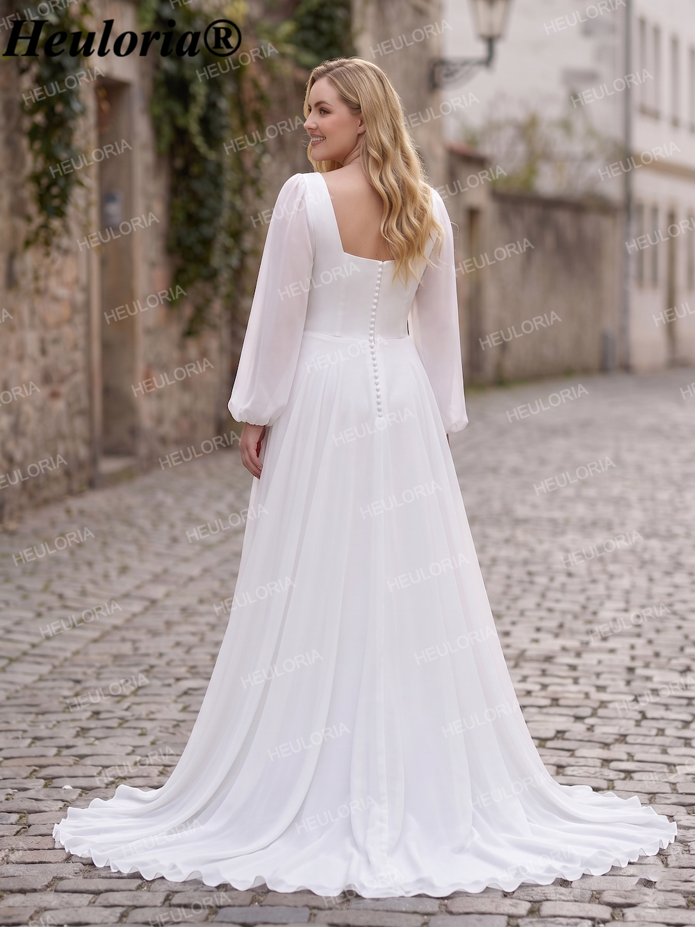 HEULORIA Minimalist Square Neck A-Line Chiffon Wedding Dress with Back Buttons and Romantic Puff Sleeves AL-QK197