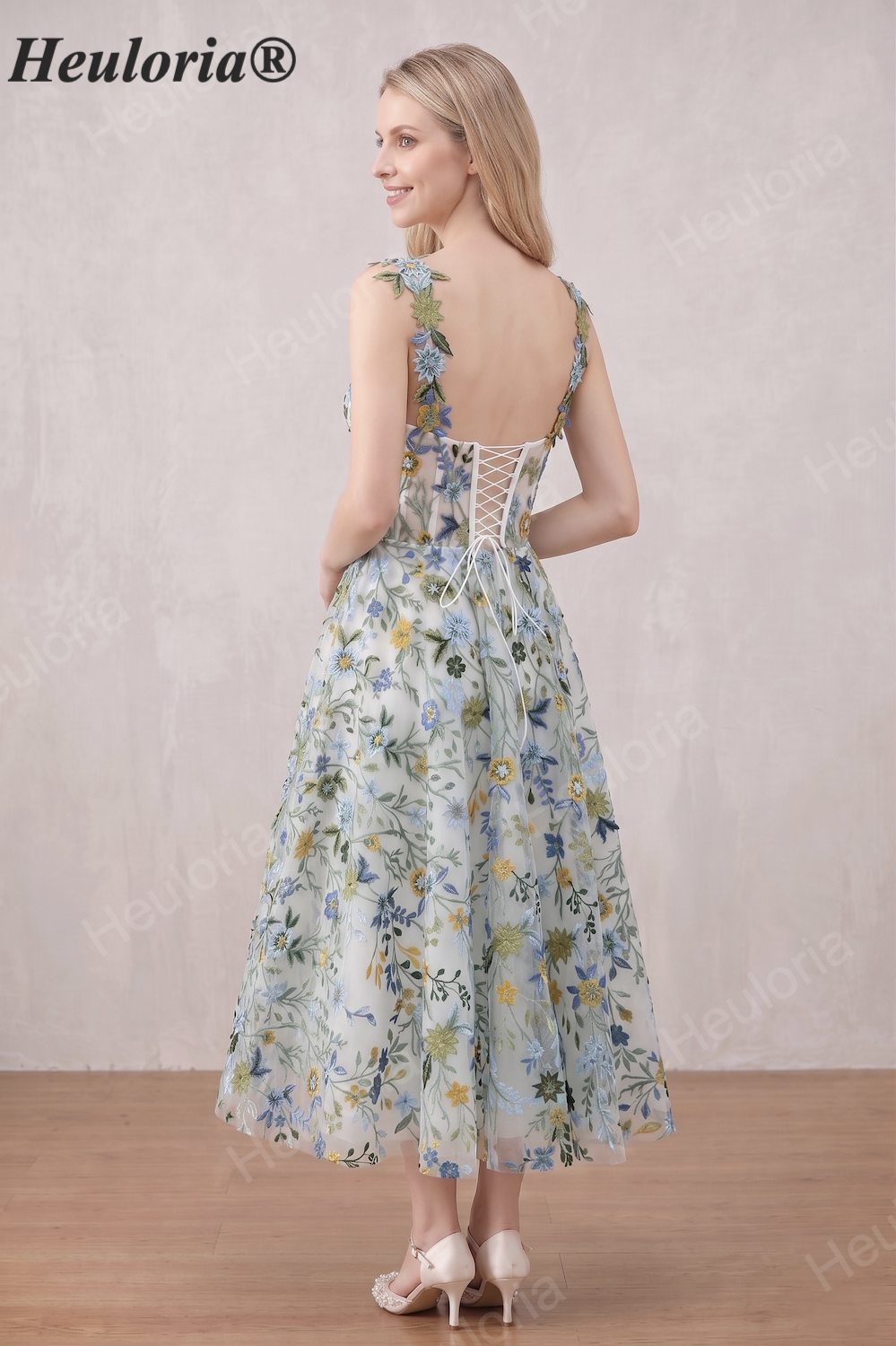 HEULORIA Whimsical Floral Embroidered Tea-Length A-Line Dress with Illusion V-Neck and Corset Back ED-669 tea