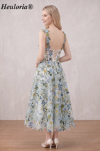 HEULORIA Whimsical Floral Embroidered Tea-Length A-Line Dress with Illusion V-Neck and Corset Back ED-669 tea