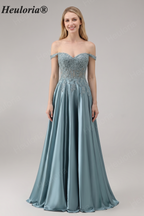 Heuloria Off-the-Shoulder Illusion Lace Bodice Satin A-Line Evening Gown ED-501