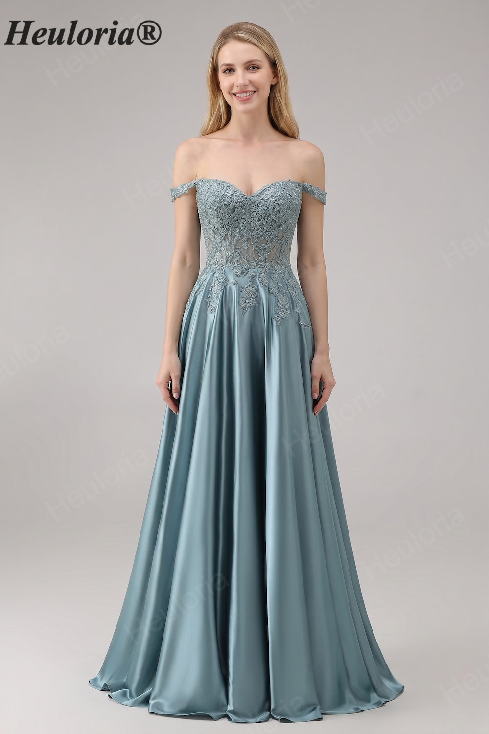 Heuloria Off-the-Shoulder Illusion Lace Bodice Satin A-Line Evening Gown ED-501