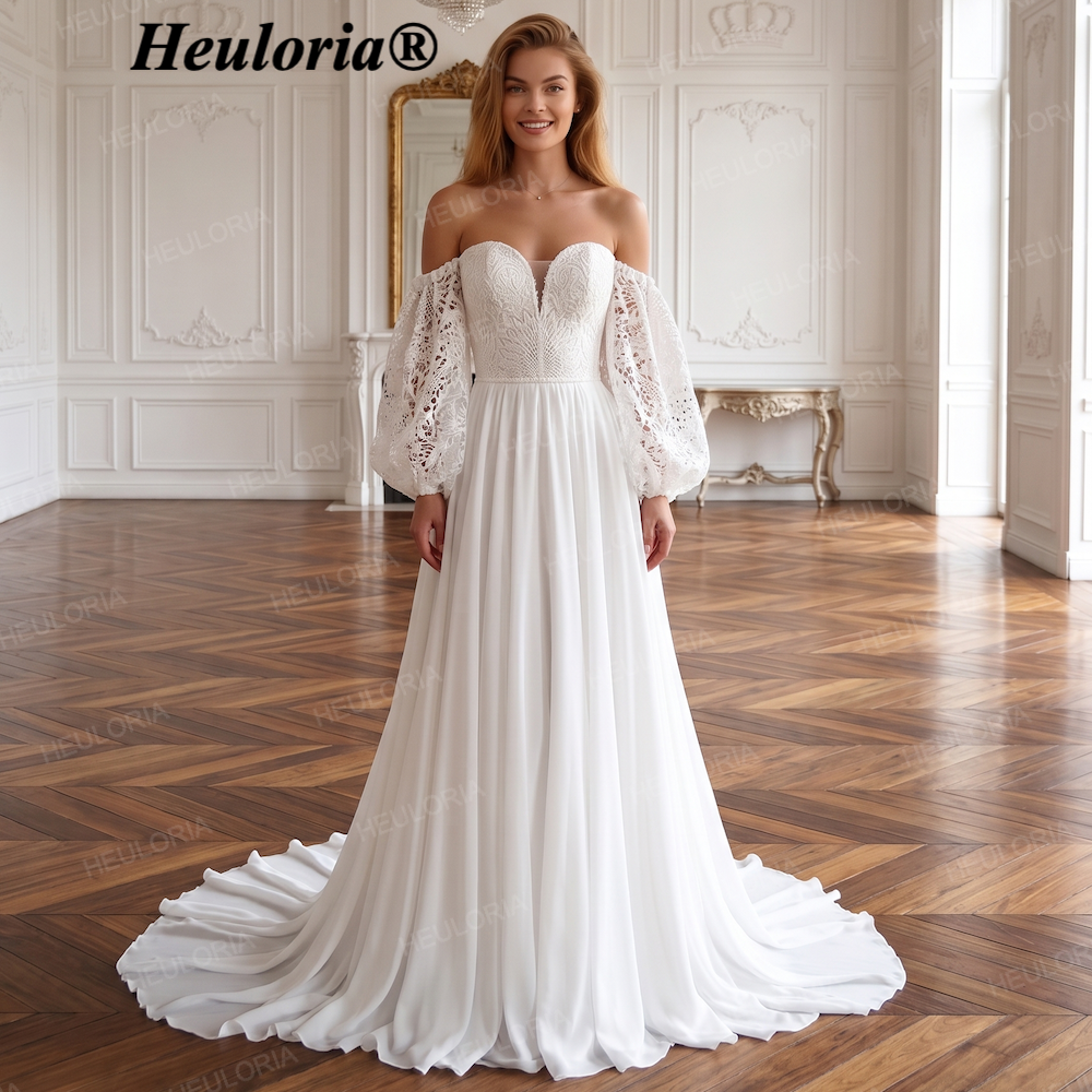 HEULORIA Romantic Boho Off-the-Shoulder Lace Sleeve Chiffon A-Line Wedding Dress AL-QK204 Main image