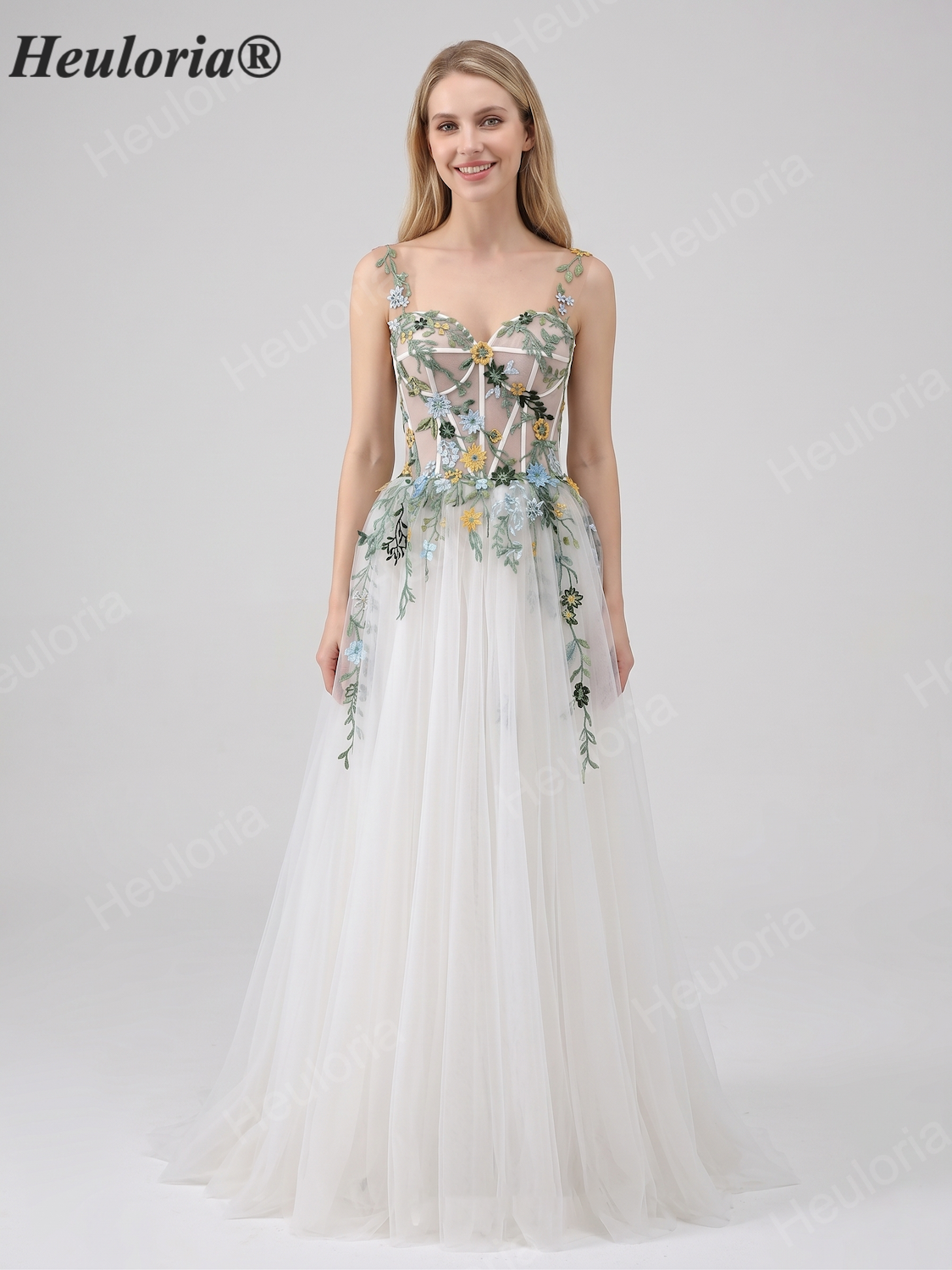 HEULORIA Whimsical 3D Floral Embroidery Corset A-Line Tulle Formal Gown with Illusion Bodice ED-679 Image principale du produit