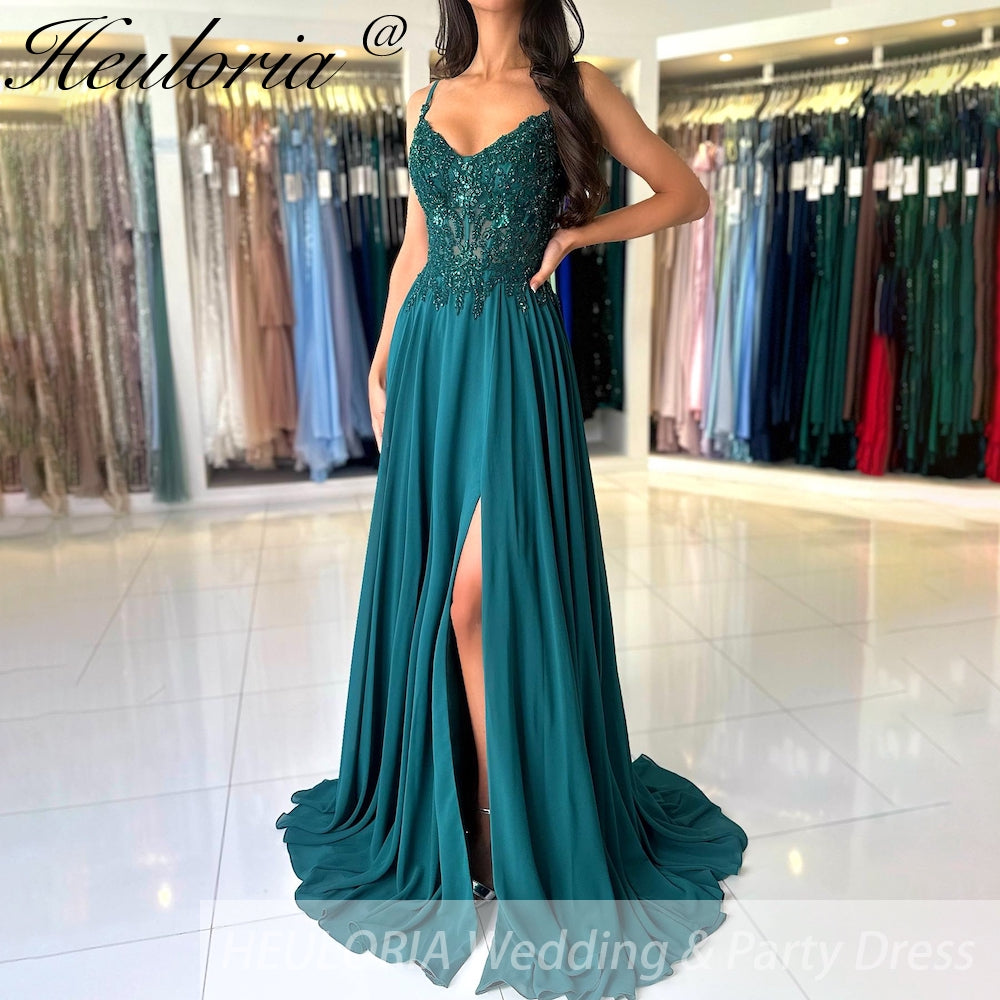 Green Chiffon Evening Dress Women Elegant Applique Suspenders Deep V-neck Backless Bridal Formal Long Ball Gowns Pageant Dress