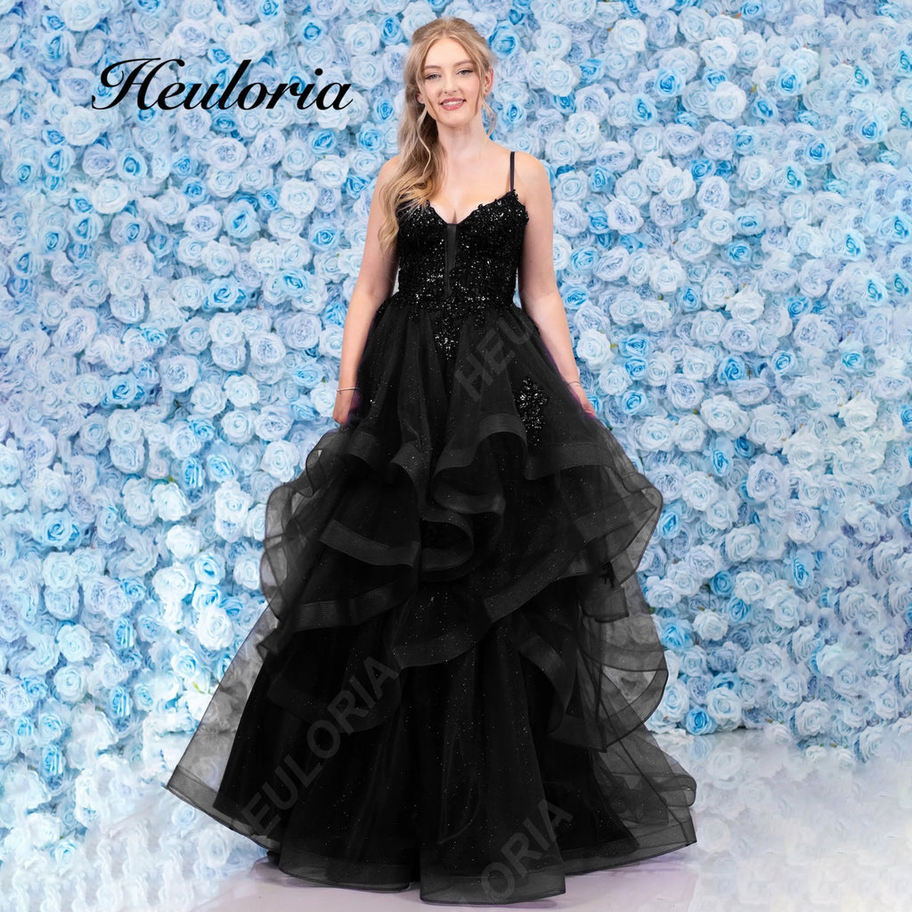 HEULORIA Sparkling Glitter Tiered Tulle Prom Dress - Plunging V-Neck & Lace-Up Corset Back ED-409