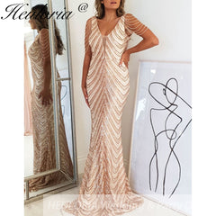 sparky sequin mermaid evening dresses V neck bead tassel formal prom dress