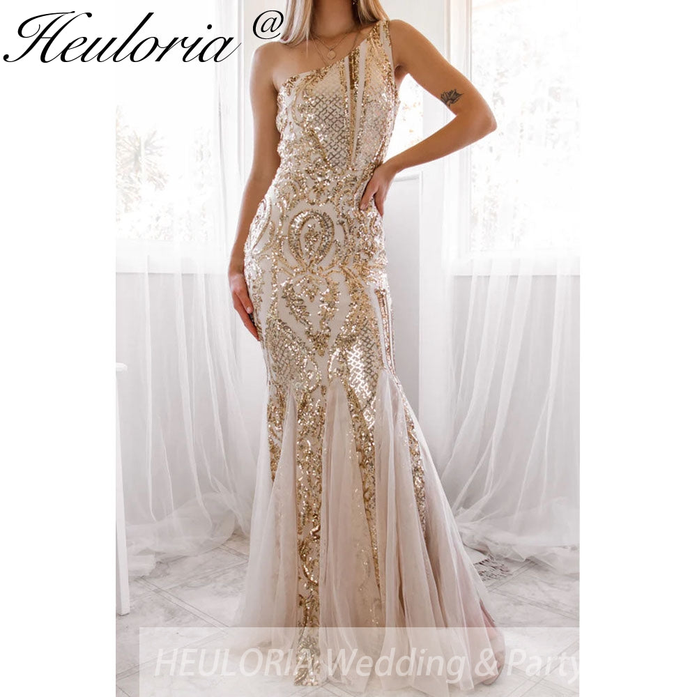 New Sexy Gold mermaid evening dresses one shoulder dresses for women party vestidos de fiesta robe de soiree de mariage
