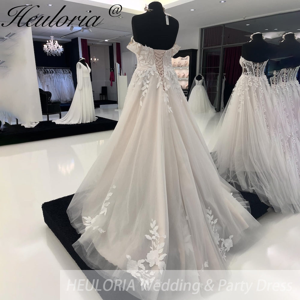 HEULORIA Illusion Off The Shoulder A-Line Wedding Dresses Appliques Lace Country Bridal Gowns Robe De Mariée Customized AL-917