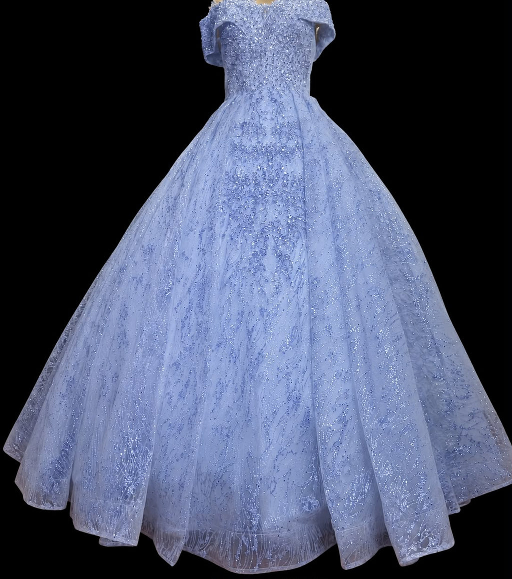 Heuloria Luxury Glitter Tulle Ball Gown Wedding Dress with Sweetheart Off Shoulder Corset Bodice and Lace Appliques