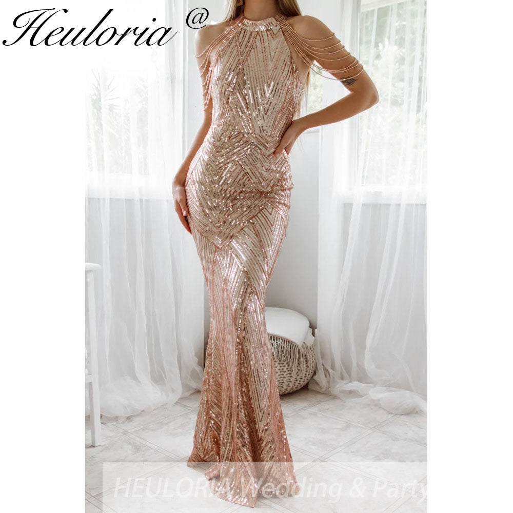 sparky sequin mermaid evening dress halter with beading tassel formal prom dress