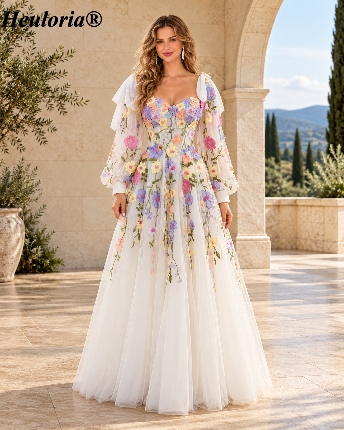 HEULORIA Multicolor Floral Embroidered Tulle A-Line Prom Dress with Bishop Sleeves and Lace-Up Back ED-666 Immagine principale del prodotto
