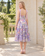 HEULORIA Lavender 3D Floral Appliqué Tea-Length A-Line Dress with Tie Straps ED-682