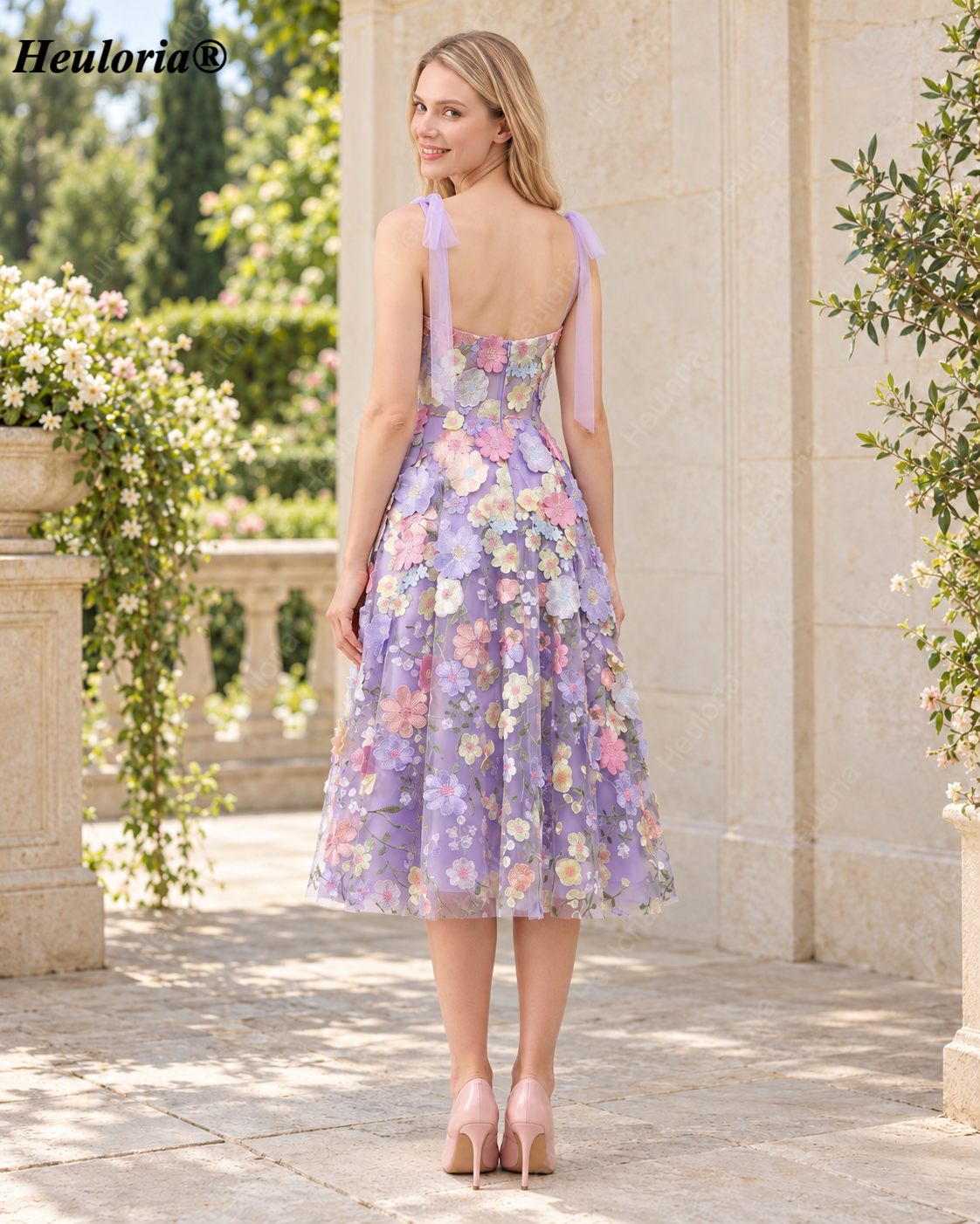 HEULORIA Lavender 3D Floral Appliqué Tea-Length A-Line Dress with Tie Straps ED-682