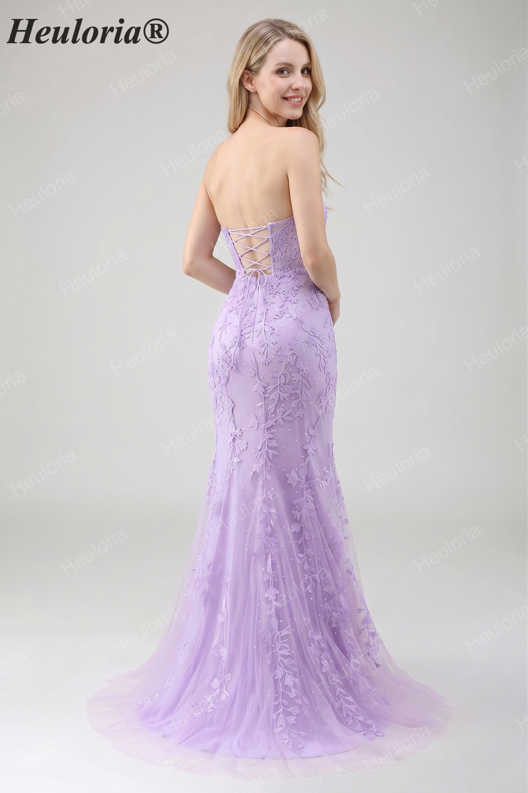 HEULORIA Enchanting Lavender Lace Mermaid Prom Dress with Slit and Corset Back ED-237