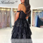 Sparkly A line Prom Formal Dresses Sequins Appliques Ruffle Black Off the shoulder Ruffles High split Prom Dresses Customsized