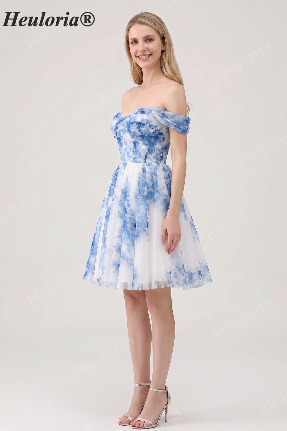 HEULORIA French Chic Blue and White Floral Tulle Mini Party Dress - Convertible Off-the-Shoulder A-Line Cocktail Gown ED-656