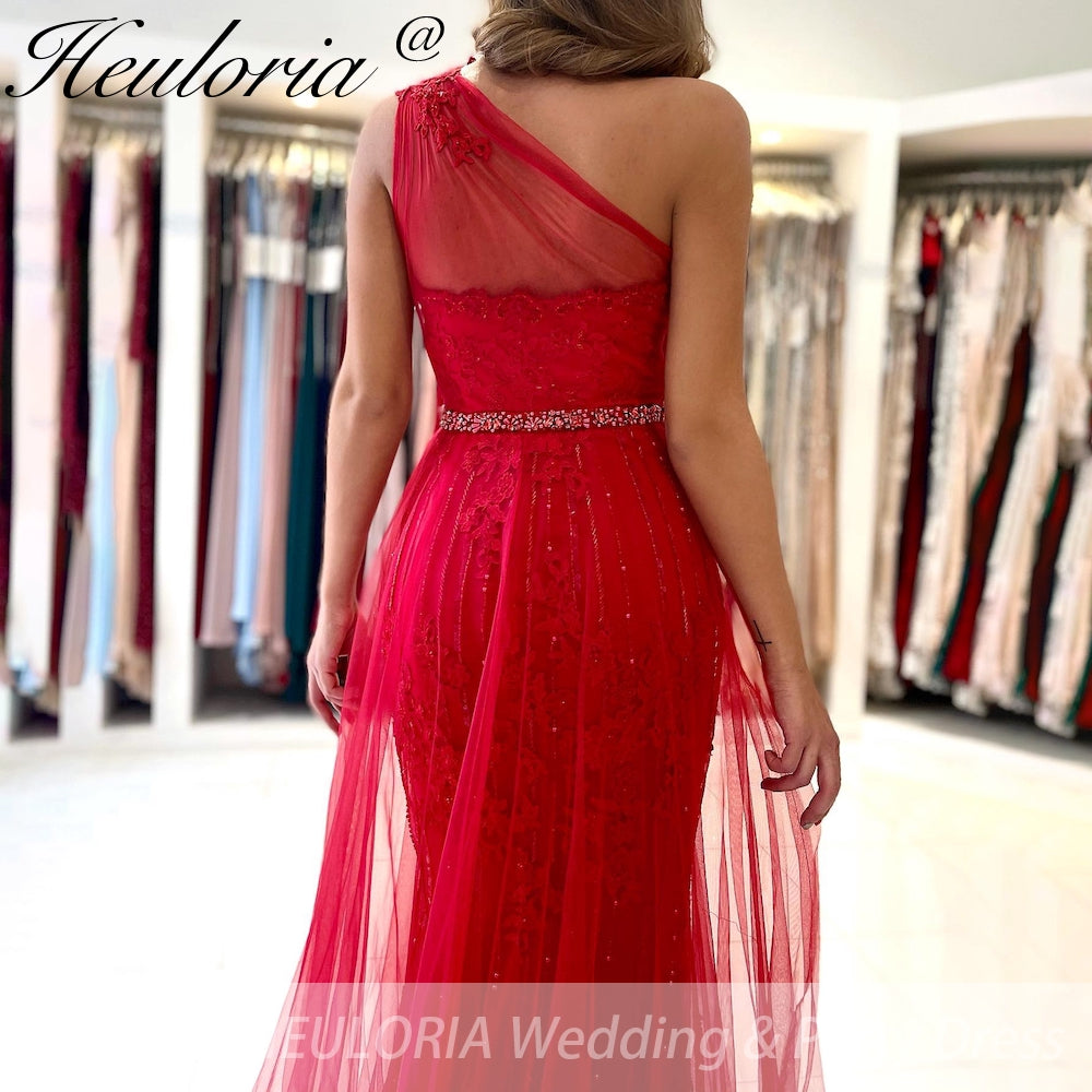 Customized Mermaid Prom Dress one shoulder lace Evening Dress Detachable Tulle Train Formal Party Gowns