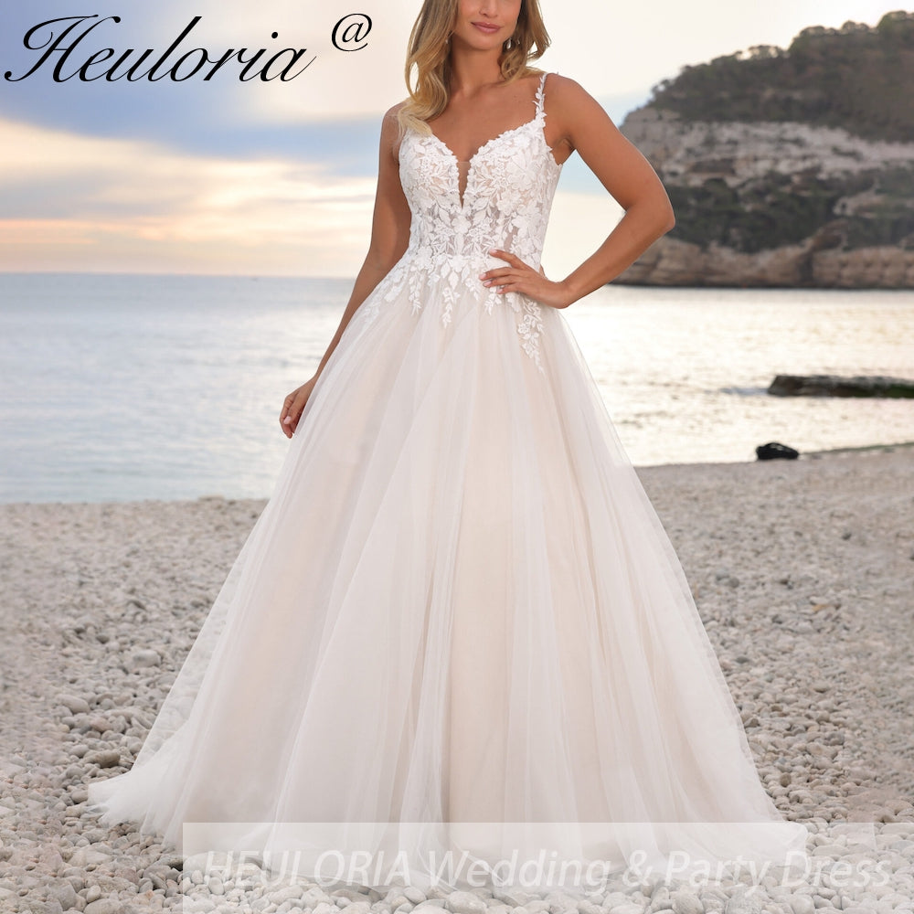 HEULORIA Boho Beach Wedding Dresses Spaghetti Straps A Line lace bridal dress plug v neck customize AL-906 Main image