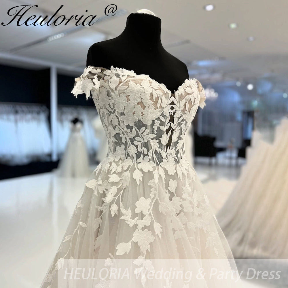HEULORIA Sparkly Glitter A line Wedding Gowns Off Shoulder lace Bride Dresses Customized AL-923