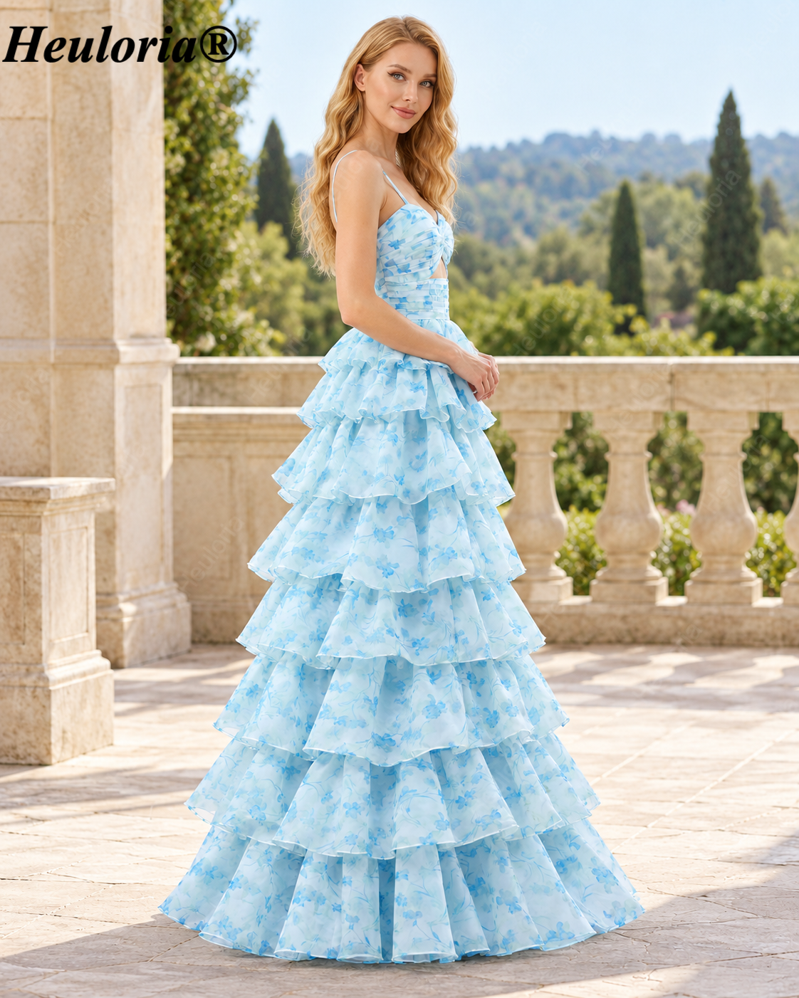 HEULORIA Blue Floral Tiered Prom Dress with Sweetheart Neckline and Cutout ED-368