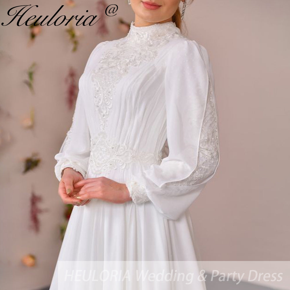 elegant heavy beading Muslim Wedding Dress long sleeve high neck bride dress plus size bride Wedding Gown AL-QK109