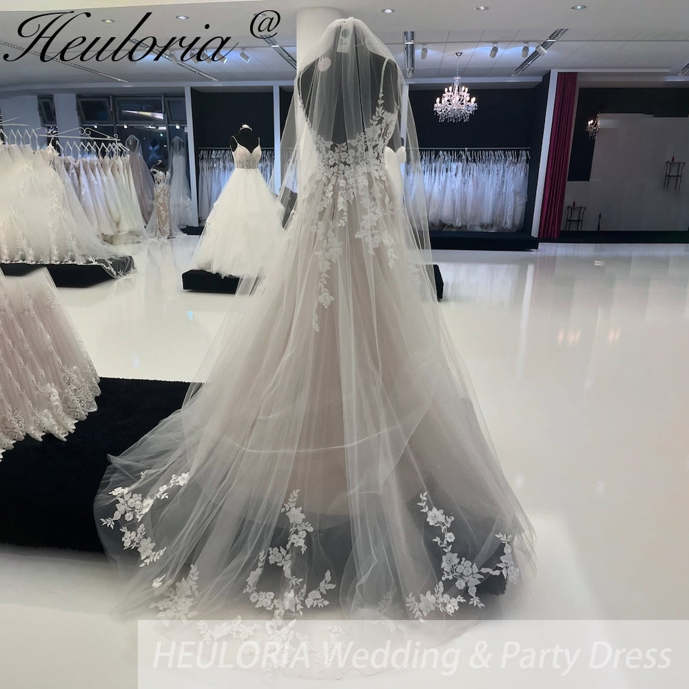 HEULORIA Spaghetti Strap  A-Line wedding dress lace applique with sparky gliter tulle Bridal Gown Wedding Party Dress Vestidos De Novia AL-922