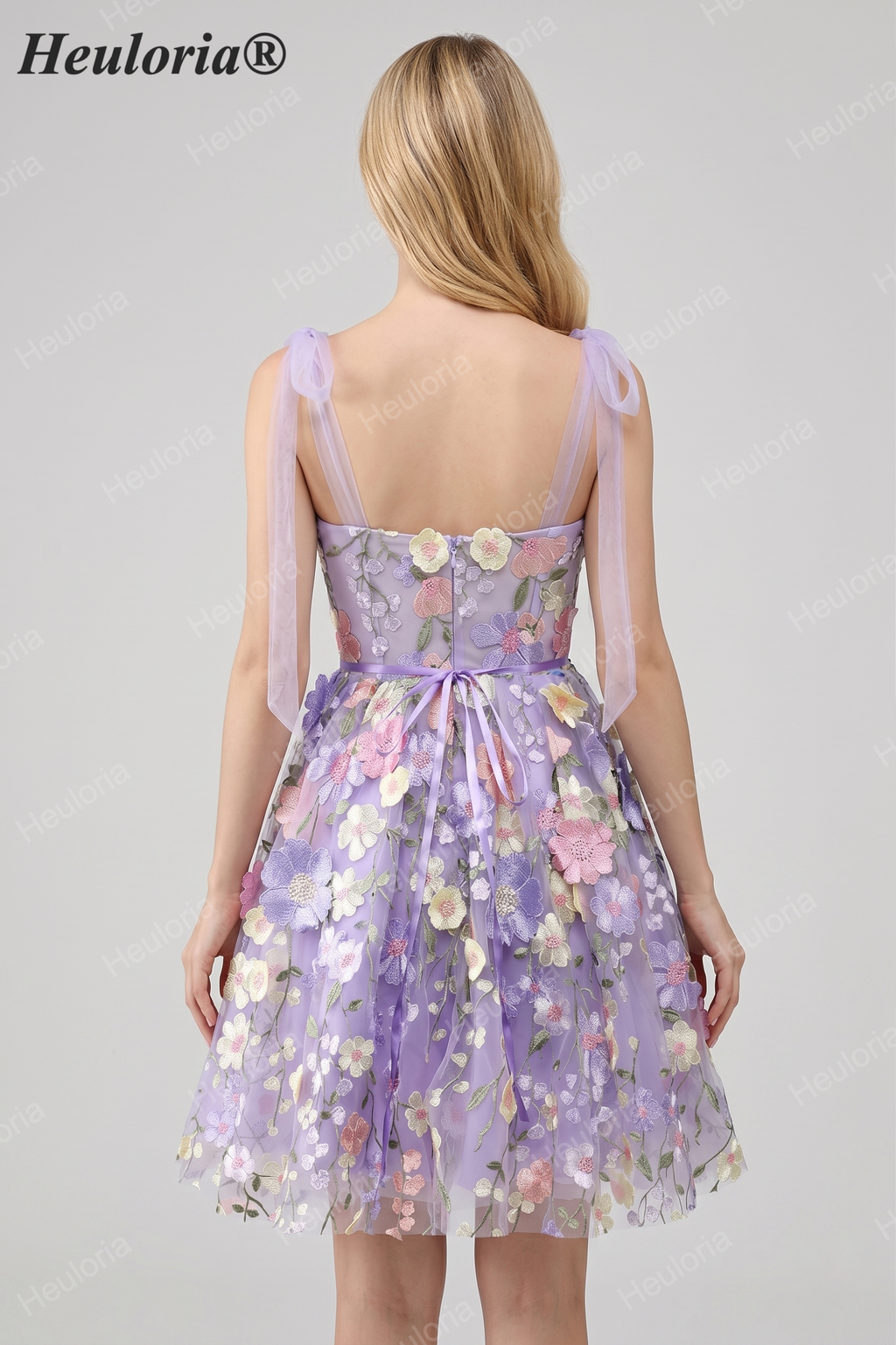 HEULORIA Enchanting Lavender 3D Floral Applique Tulle Prom Dress - Whimsical Tie-Strap Cocktail Party Gown ED-601