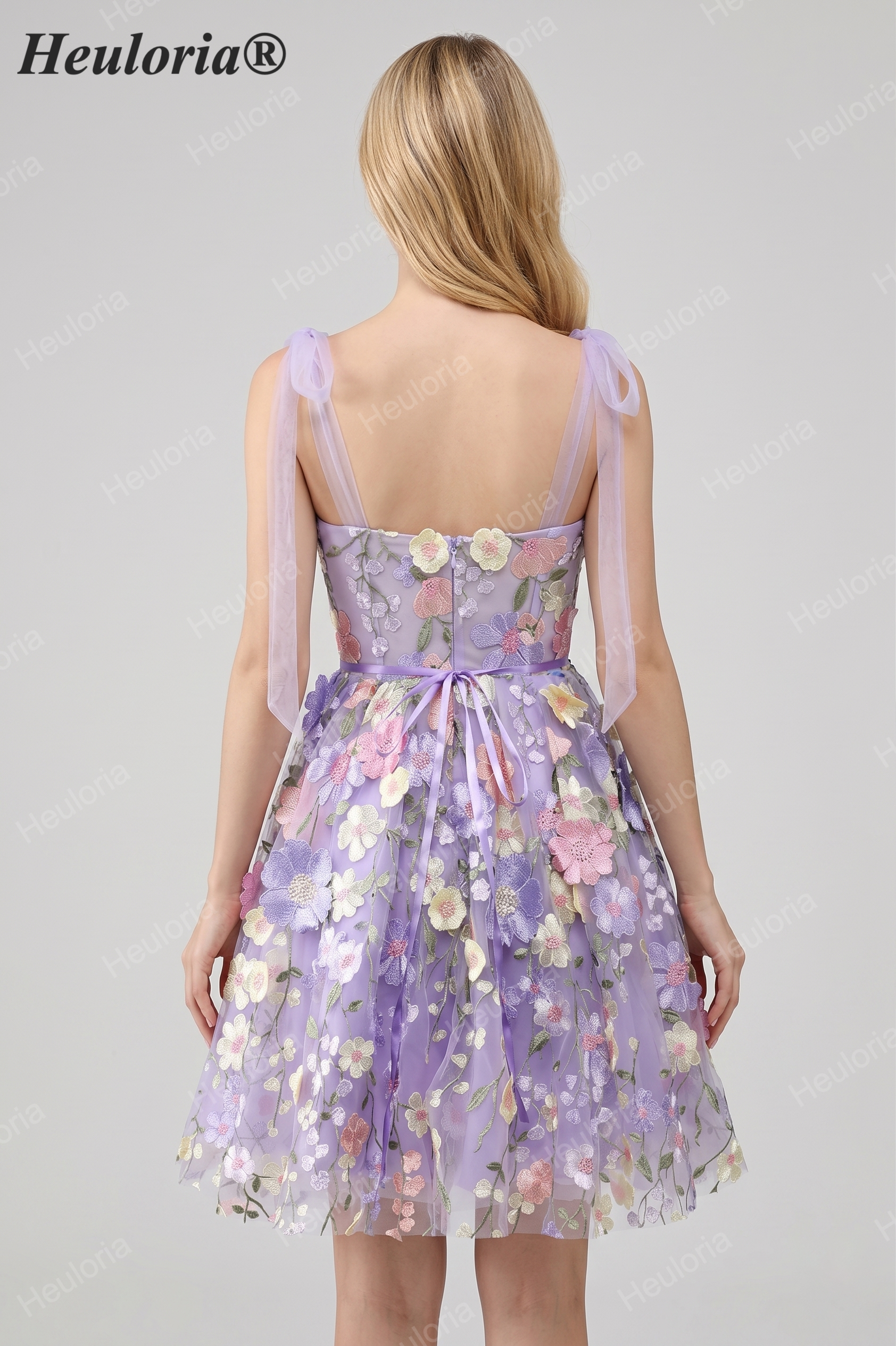 HEULORIA Enchanting Lavender 3D Floral Applique Tulle Prom Dress - Whimsical Tie-Strap Cocktail Party Gown ED-601