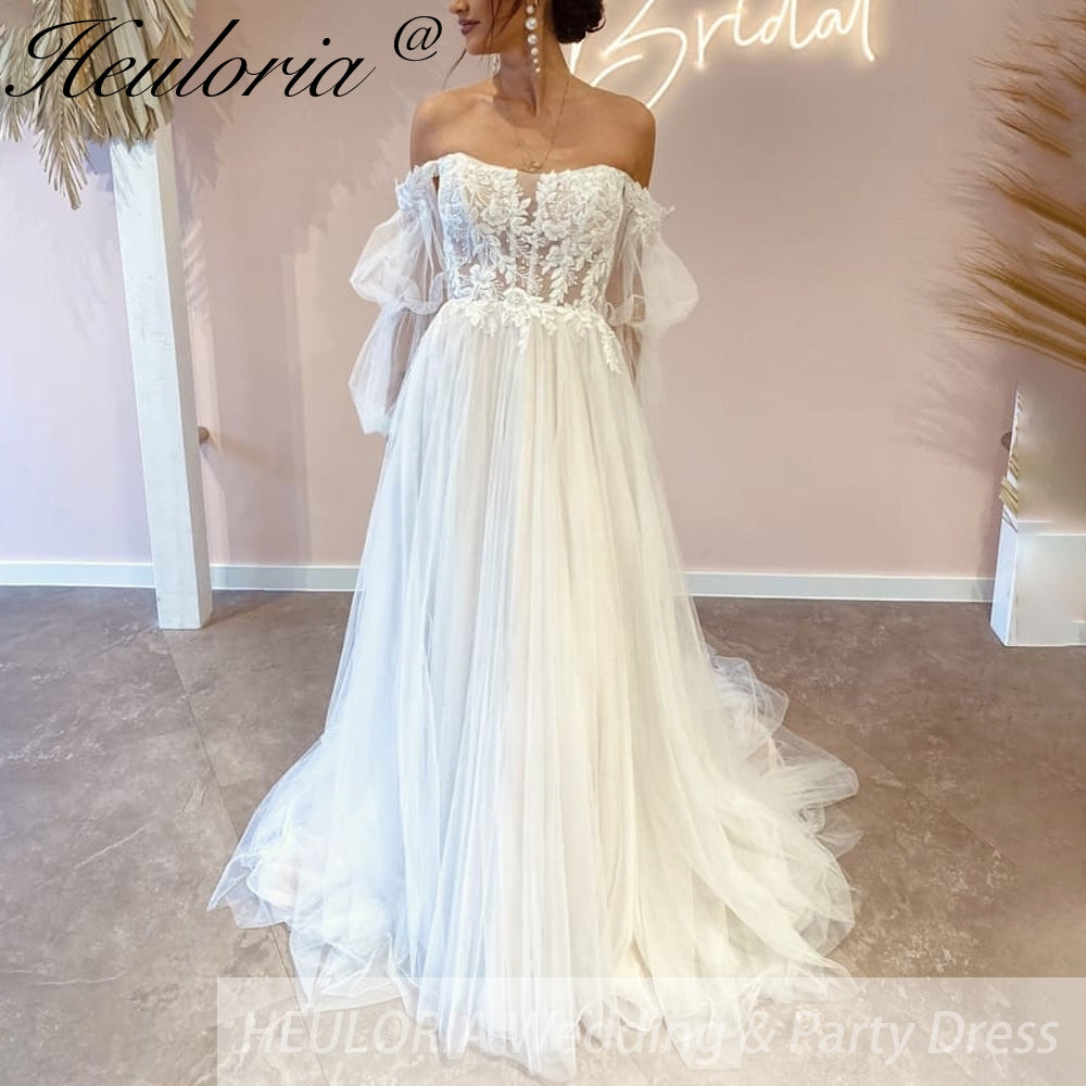 HEULORIA Sparkly Glitter A line Wedding Dress long sleeve lace bride dress plus size robe de mariee  A line Wedding Bridal Gown AL-315