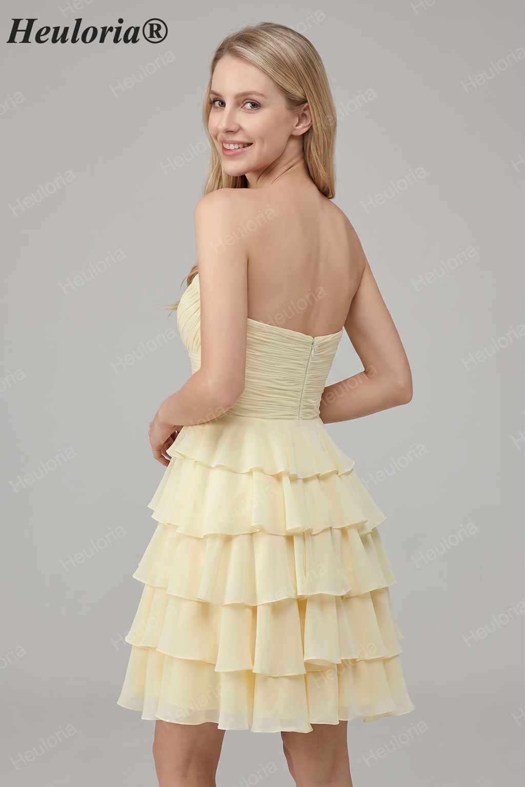 HEULORIA Light Yellow Strapless Tiered Ruched A Line Short Homecoming Dress ED-319