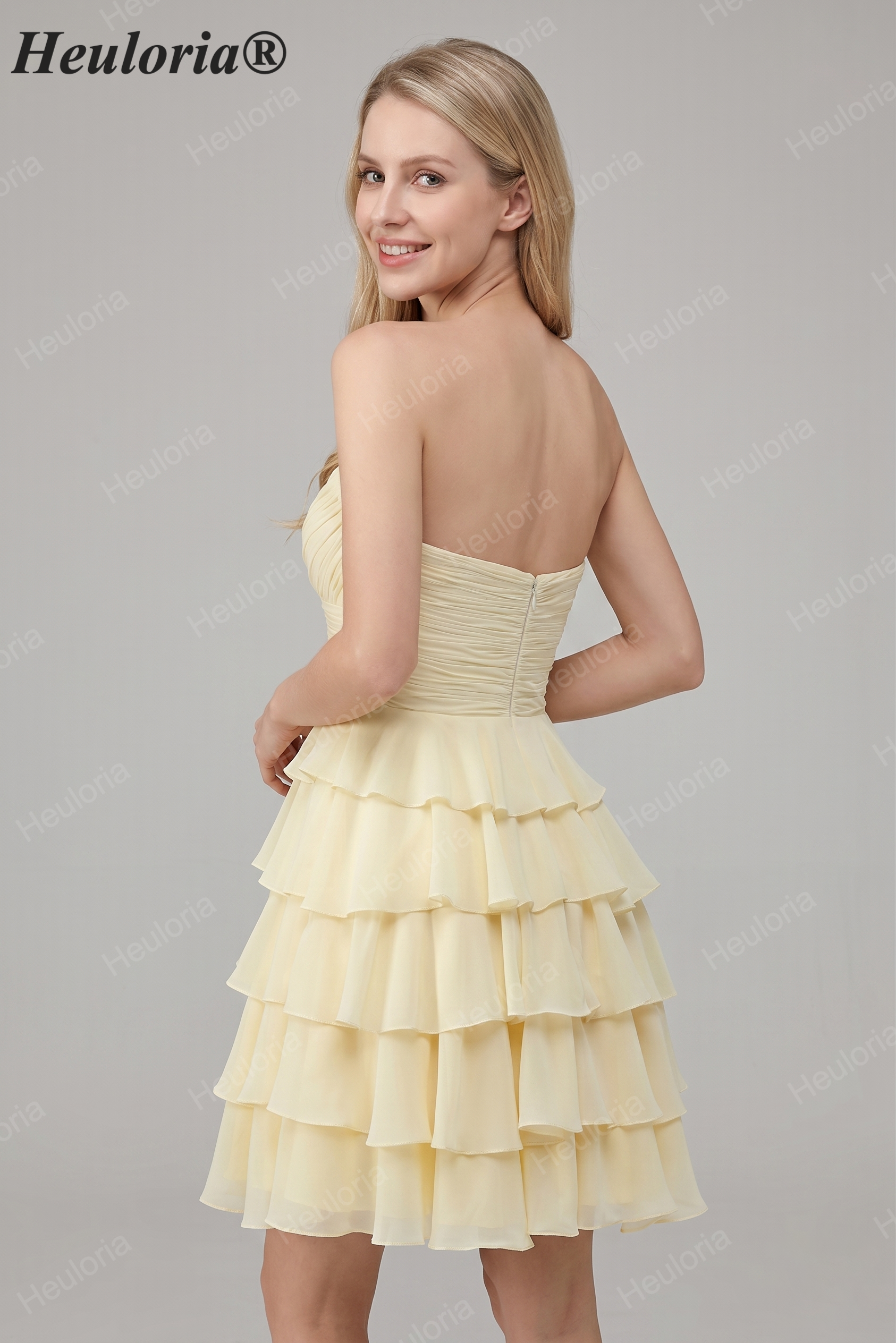 HEULORIA Light Yellow Strapless Tiered Ruched A Line Short Homecoming Dress ED-319