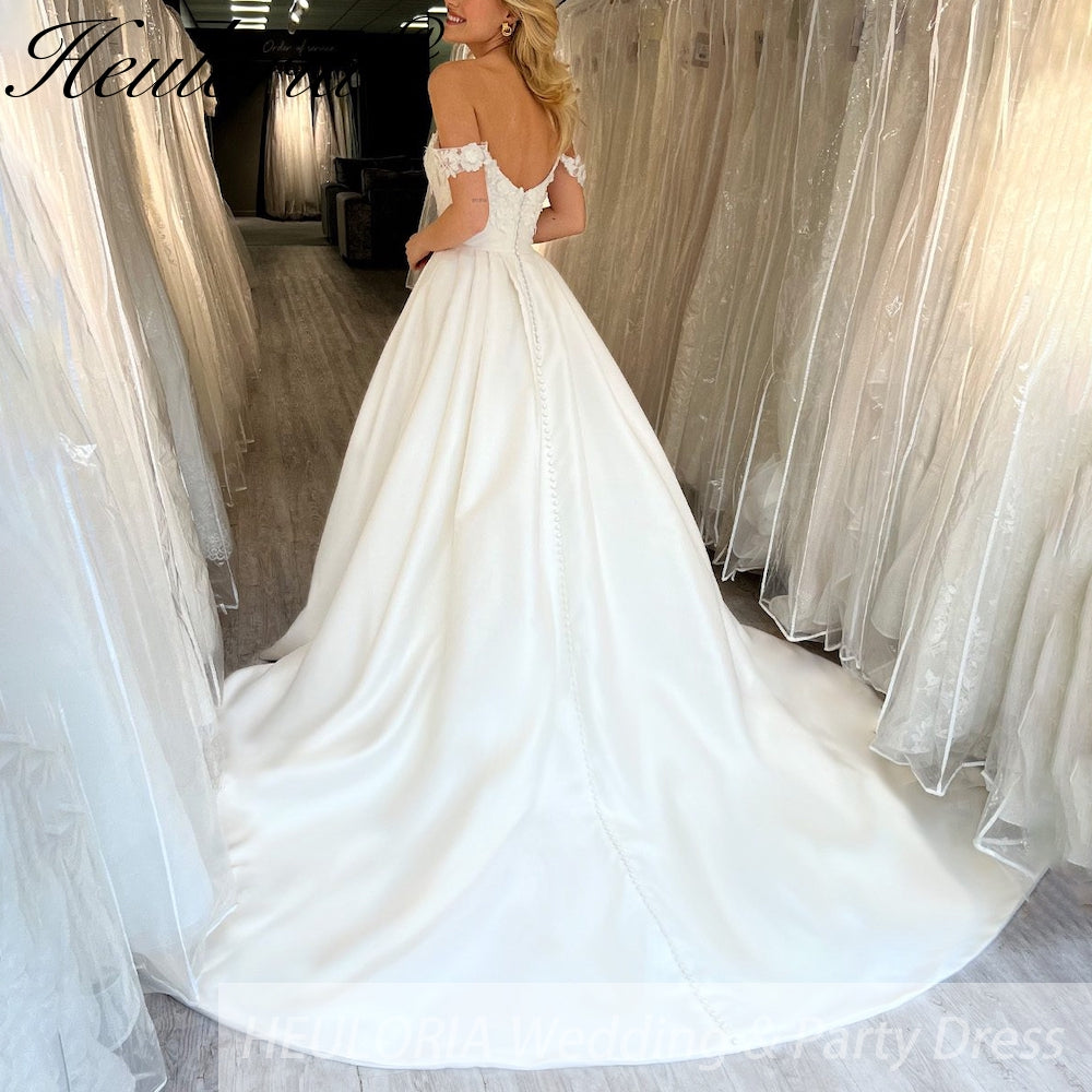 HEULORIA elegant A line wedding dress off shoulder satin skirt lace bridal dress Sweep Train Bridal Gown Customized