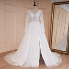 HEULORIA elegant A line wedding dress V neck long sleeve split lace beading bride dress Robe De Mariee Wedding Bride Dress AL-534