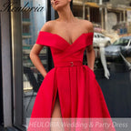 Off The Shoulder Satin Evening Dresses High Split Sexy With Pockets Lace Up Back Vintage Long Prom Dresses Wedding Party Gowns