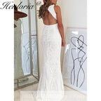 Sparky sequined evening dresses round neck backless long formal dress women elegant mermaid vestidos de fiesta  elegant backless evening gowns