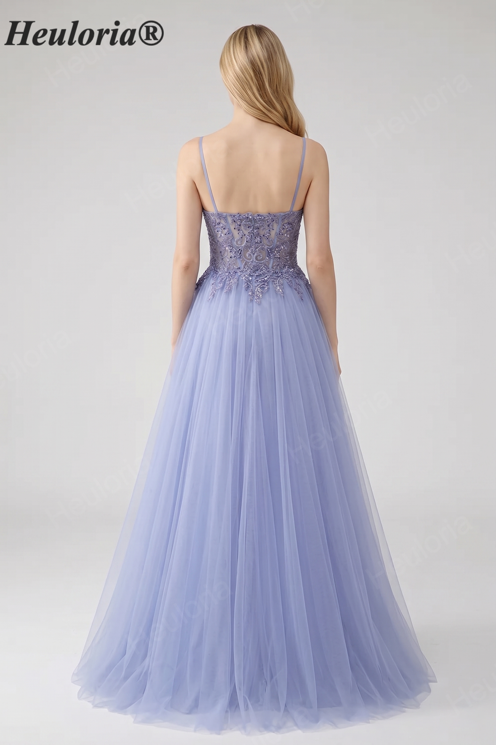 Heuloria Ethereal Beaded Lace Tulle A-Line Prom Dress with Spaghetti Straps and Illusion Bodice ED-503 Imagen secundaria del producto
