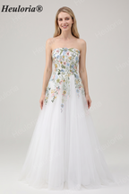 Heuloria Whimsical Colorful Floral Embroidery Strapless Wedding Dress - Romantic Tulle A-Line Bridal Gown with Corset Back ED-650