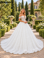 Off-Shoulder 3D Floral Glitter Ball Gown Wedding Dress with Corset BA-1100