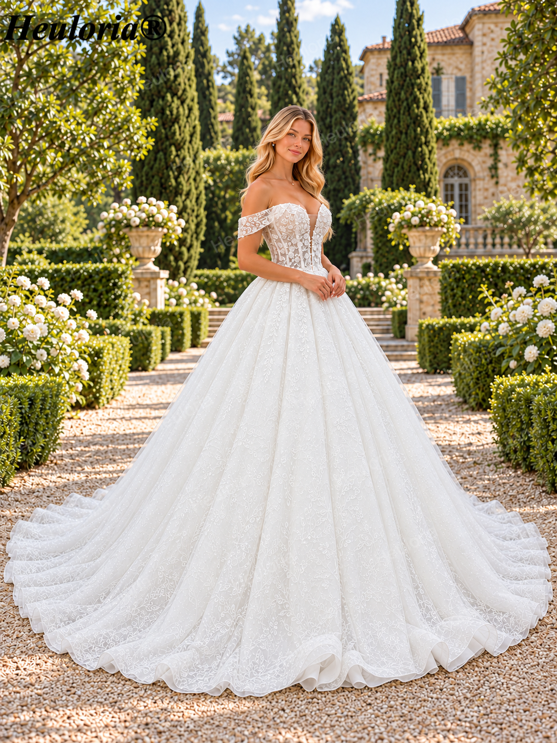 Off-Shoulder 3D Floral Glitter Ball Gown Wedding Dress with Corset BA-1100