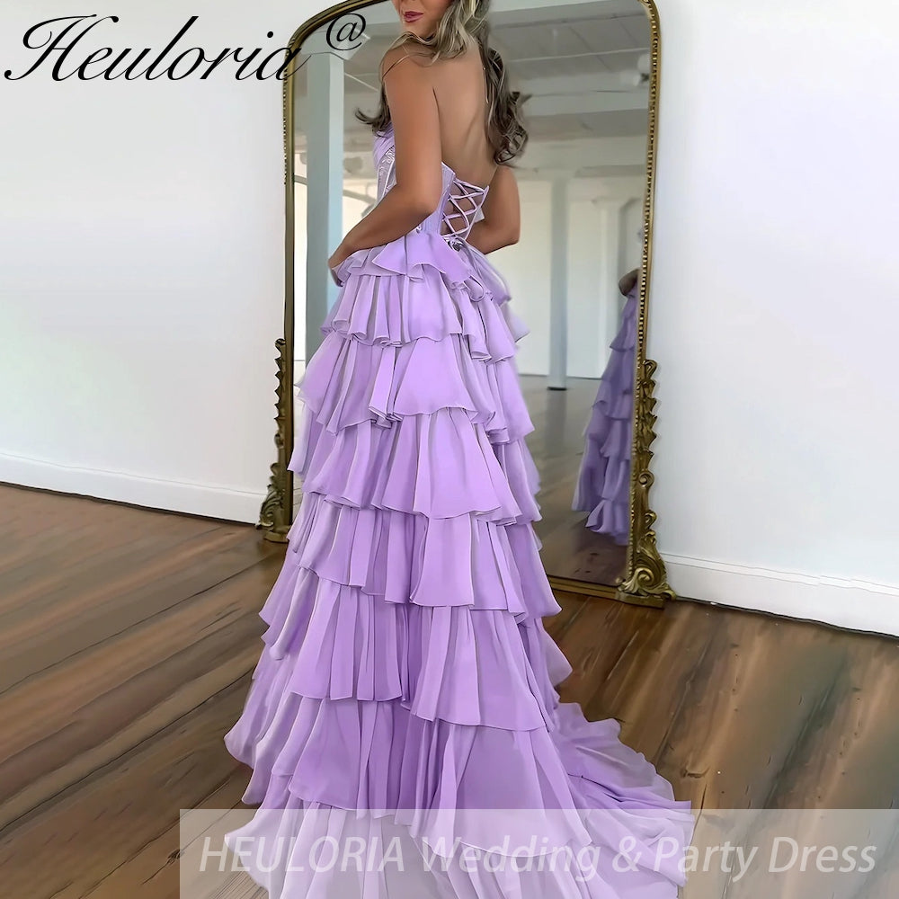 Sexy Strapless evening dress Chiffon Blue Tiered Ruffles with Slit Crystal A-Line Lace-upParty Gowns Customized