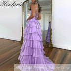 Sexy Strapless evening dress Chiffon Blue Tiered Ruffles with Slit Crystal A-Line Lace-upParty Gowns Customized