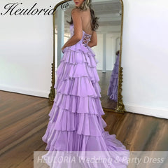 Sexy Strapless evening dress Chiffon Blue Tiered Ruffles with Slit Crystal A-Line Lace-upParty Gowns Customized