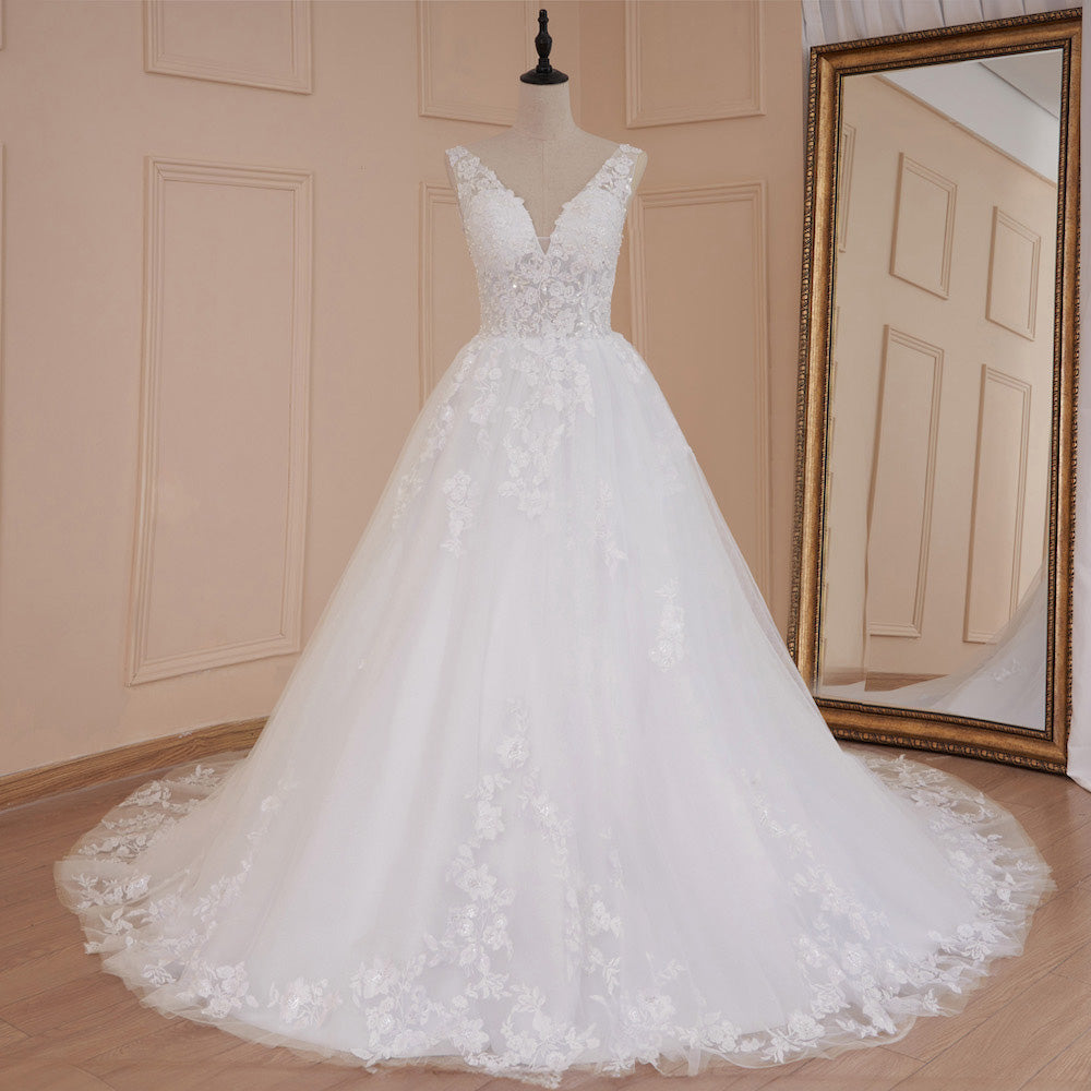 HEULORIA A-line V-Neck Court Train Lace Wedding Dress With Sequins beading AL-560