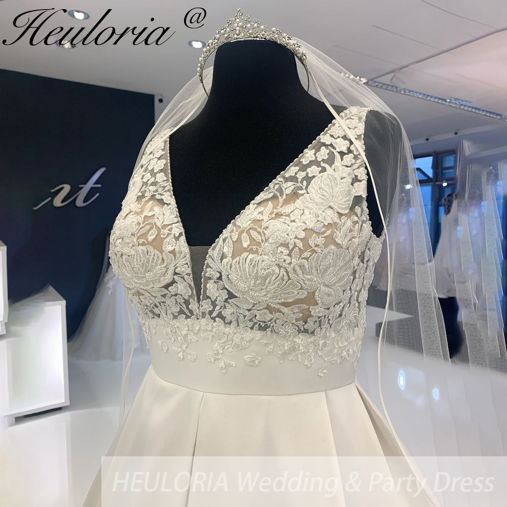 HEULORIA Satin V Neck A Line Wedding Dress Simple Lace Bodices Bridal Gown robe soirée mariage AL-920 Secondary image