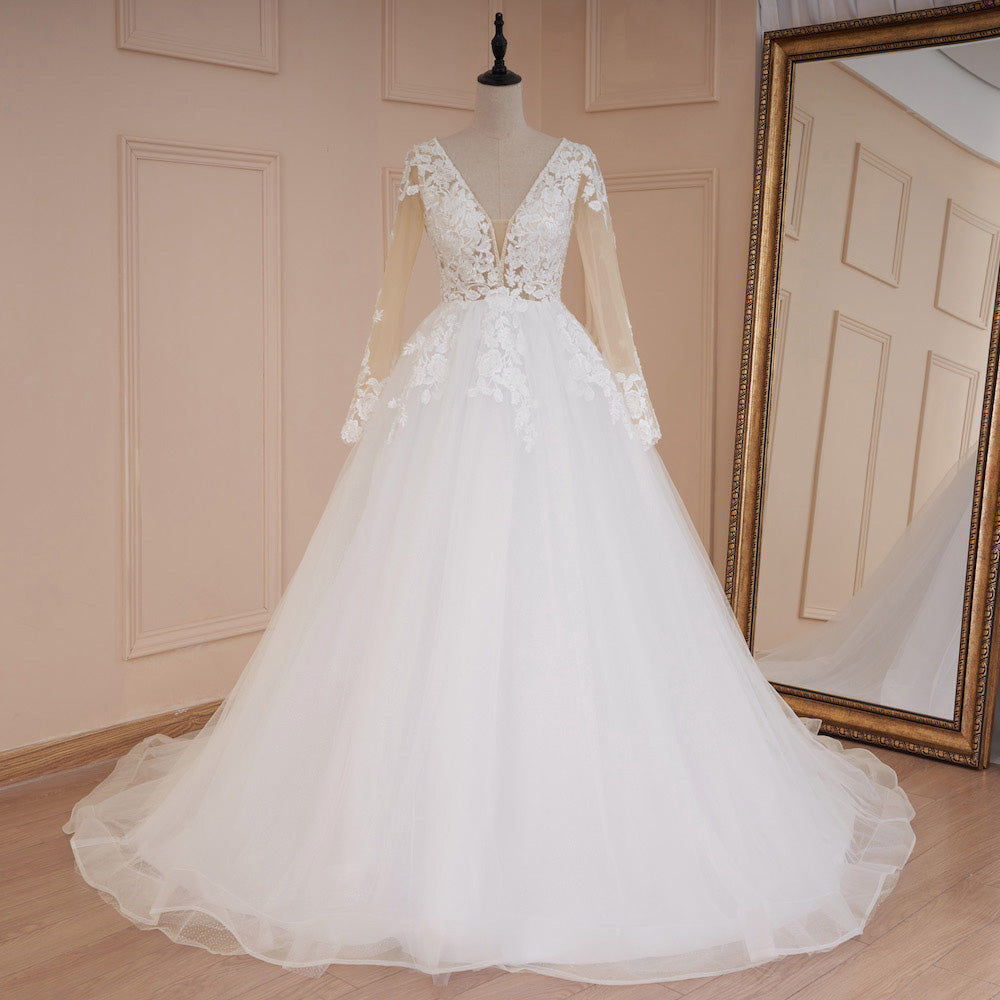 HEULORIA elegant A line wedding dress V neck long sleeve lace beading bride dress Robe De Mariee Wedding Bride Dress long train AL-532