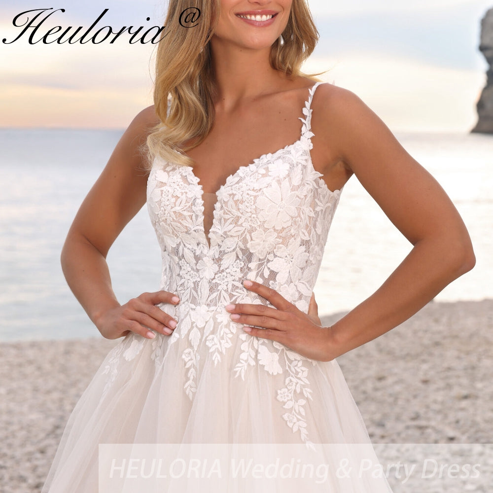 HEULORIA Boho Beach Wedding Dresses Spaghetti Straps A Line lace bridal dress plug v neck customize AL-906 Secondary image