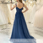 Customized Navy Blue Evening Dresses Spaghetti Straps Beads Appliques Prom Party Gowns Formal Side Slit robes de soirée