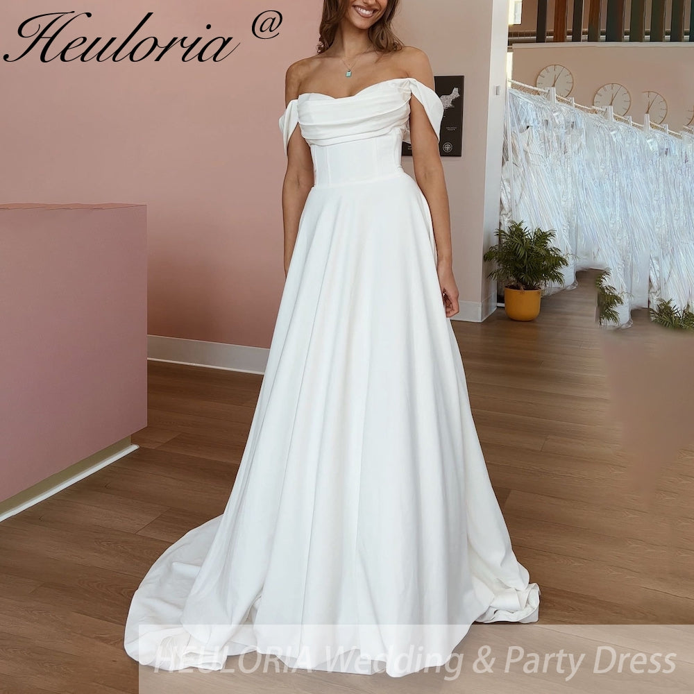 HEULORIA Crepe Satin Wedding Dress A Line off shoulder Engagement Dress Boho Wedding Gowns dress white Robe de mariee AL-955