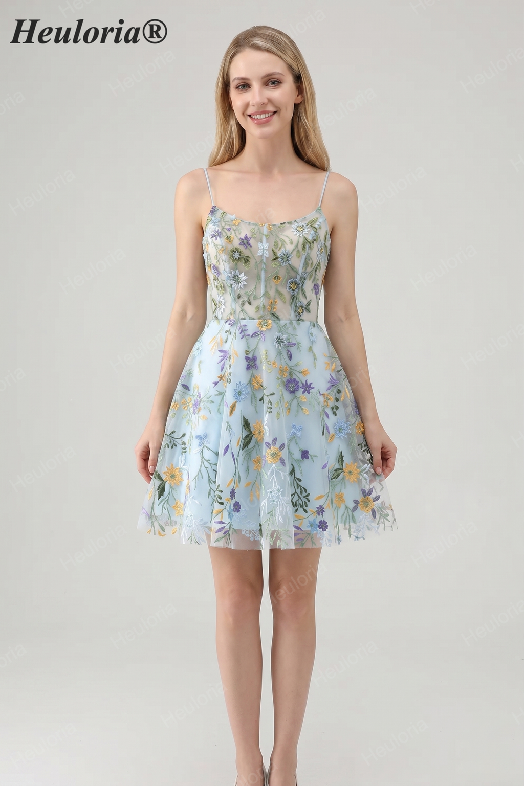 HEULORIA Enchanted Garden Sky Blue Floral Embroidered Short Homecoming Dress - Lace-up Back A-Line Mini Party Gown ED-590